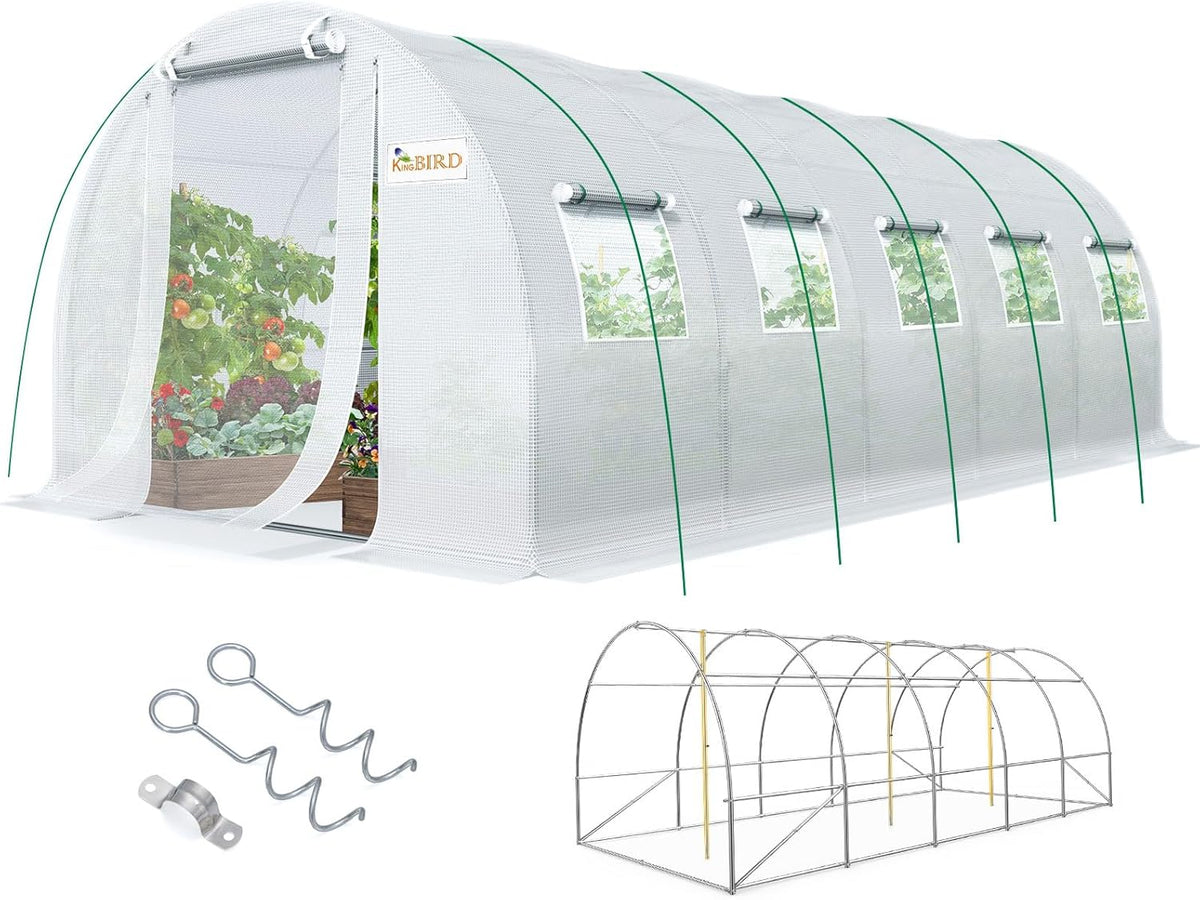 KING BIRD Premium 25x10x6.6FT Greenhouse for Outdoors, Large Walk-in Heavy Duty Galvanized Steel Frame, Mesh Door Screen Window Upgraded Zipper Tunnel Hoop for Garden Plant Winter, White