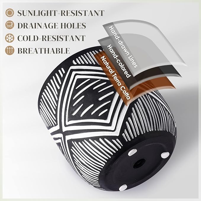 6 Inch Boho Planter Pots with Drainage Holes, 2 Pcs Terracotta Pots, Ceramic Plant Pots for Indoor Plants, Ferns, Vines, Succulents, and Outdoor Plants Growing, Gift for Plant Lovers（Black）