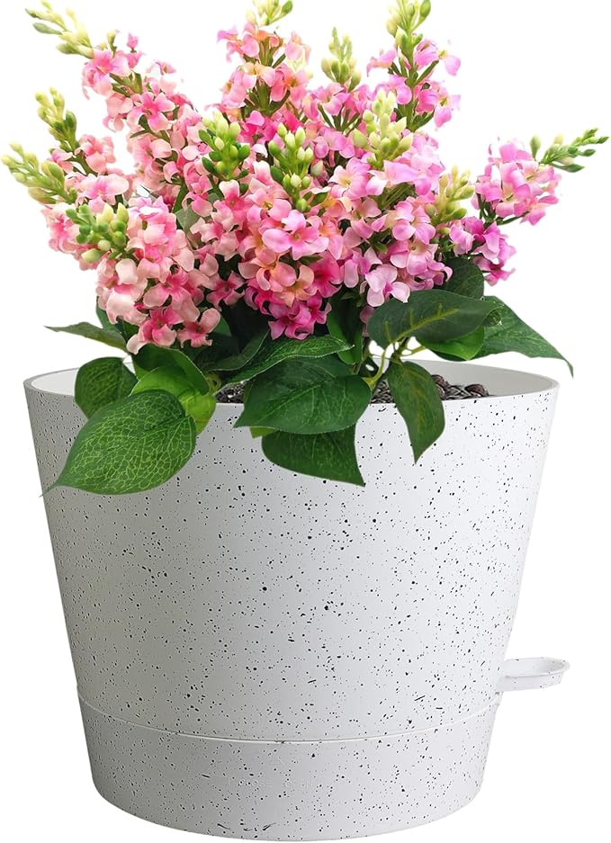 12 inch Large Self Watering Pots, Plant Pots with Mesh Drainage Holes for Indoor Outdoor Plants, Plastic Planters with Deep Reservoir for Garden House Flower Plants, Speckled White