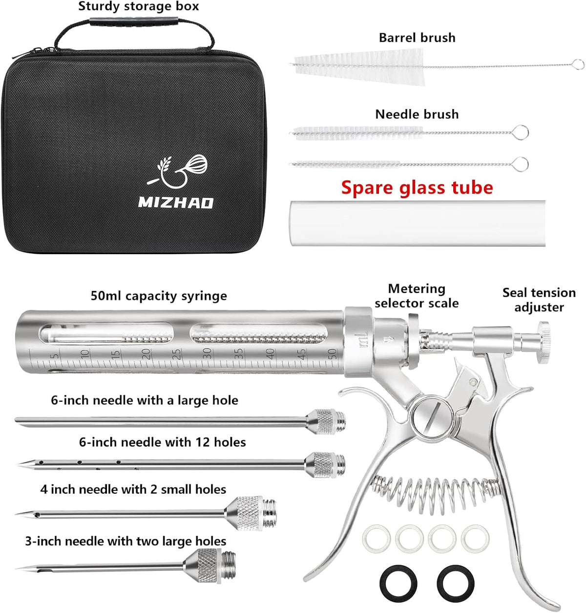Premium Meat Injector Kit - Stainless Steel Marinade Syringe with 4 Needles, Leak-Proof, Food-Grade Injector for BBQ, Turkey, Chicken, and Grilling – Includes Bonus Glass Tube(9.1in)