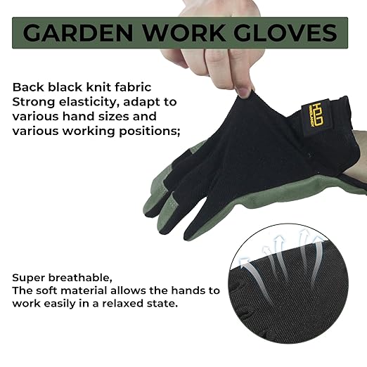 HLDD HANDLANDY Leather Gardening Gloves for Men, Utility Work Gloves for Gardening, Yardwork, Construction, Mechanics with Reinforced Palm, Green S