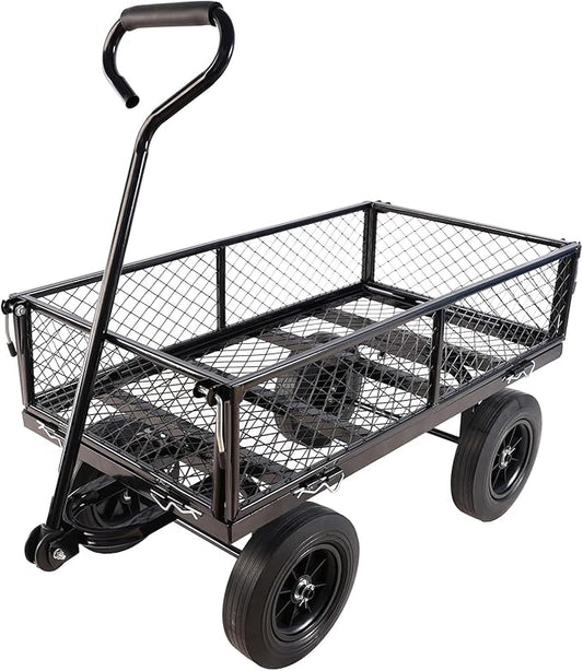 Heavy Duty 480 Lbs Capacity Mesh Steel Garden Cart Folding Utility Wagon with Removable Sides (Black)