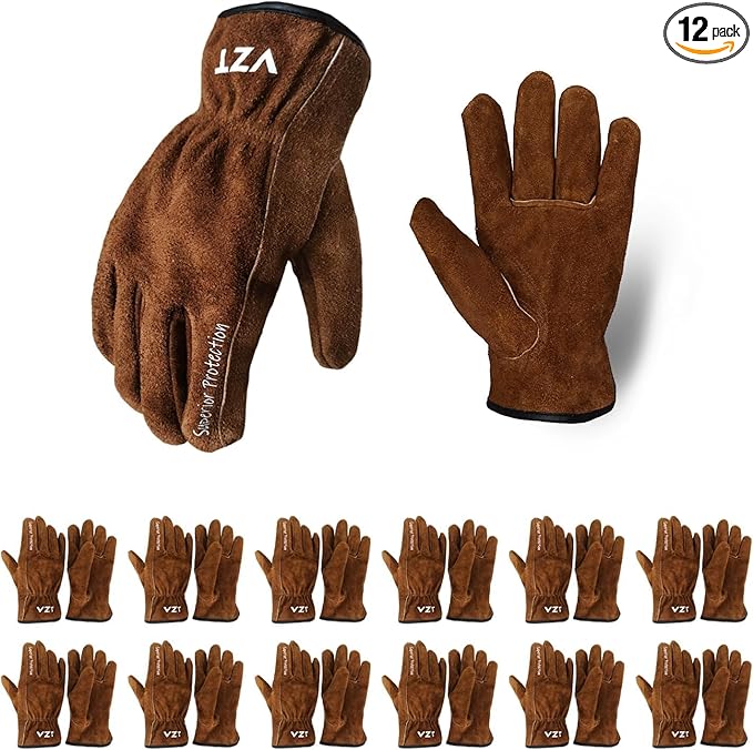 12 Pairs Bulk Leather Work Gloves for Men or Women for Gardening, Construction, Truck, Driving, Farm, Ranch, Woodworker, Soft, Cowhide Thickened, Water Resistant, Brown, Large