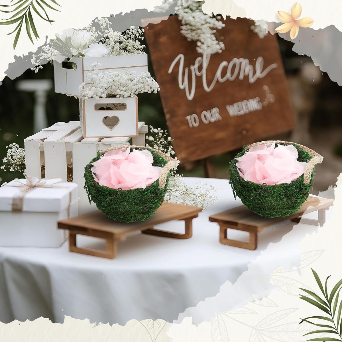 Leinuosen 2 Pcs Wedding Flower Baskets, Moss Style Small Baskets with Handles for Gifts Wedding Floral Decoration Flowers Petal Candy Storage and Home Decoration