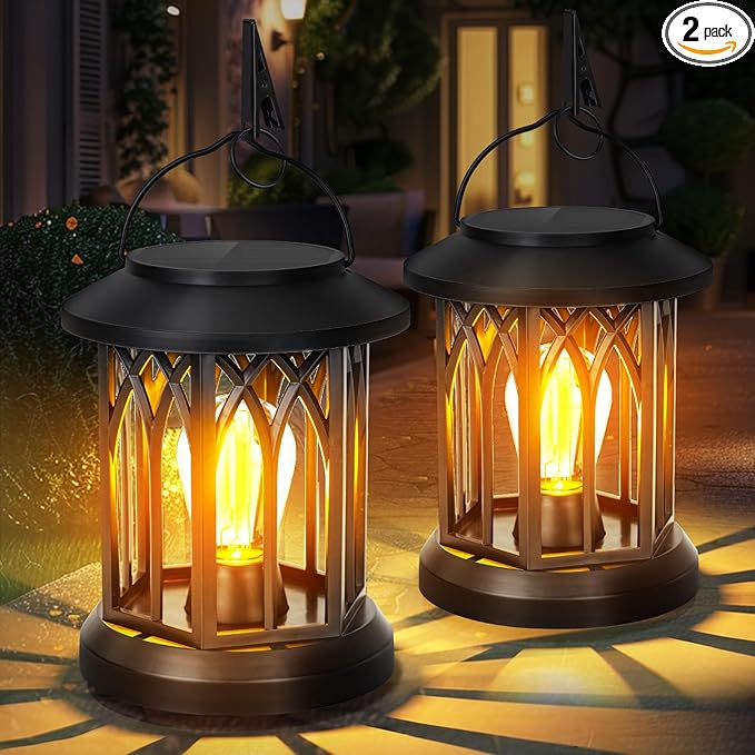 Hanging Solar Lanterns Outdoor Waterproof - 2 Pack Solar Lantern Decorative, Hanging Solar Lights for Outside, Outdoor Solar Powered Lantern with Handle & Clip for Patio Yard Decor