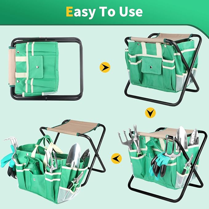 9 PCS All-in-one Garden Tools Set, Heavy Duty Cast-Aluminium Alloy Gardening Tools Kit with Folding Stool Seat&Detachable Canvas Tool Bag , Non-Slip Rubber Grip, Outdoor Hand Tools