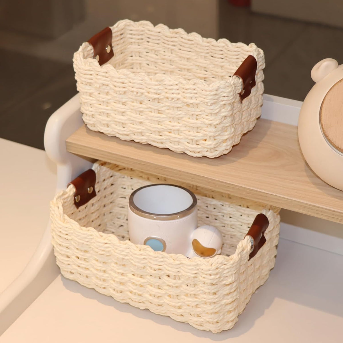 Small baskets for Organizing,Cute woven Storage basket with recycled paper rope for Shelves Bathroom,Little decorative basket,Set of 3 (Beige)