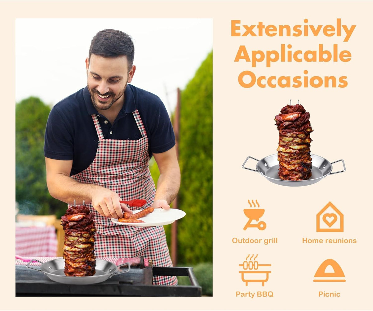 Elcoho Al Pastor Skewer for Grill BBQ Vertical Skewer Pan with Spikes Brush Tongs Screwdriver Al Pastor Rotating Grill Vertical Rotisserie for Turkey Tacos Al Pastor Shawarma Chicken on Smoker Oven