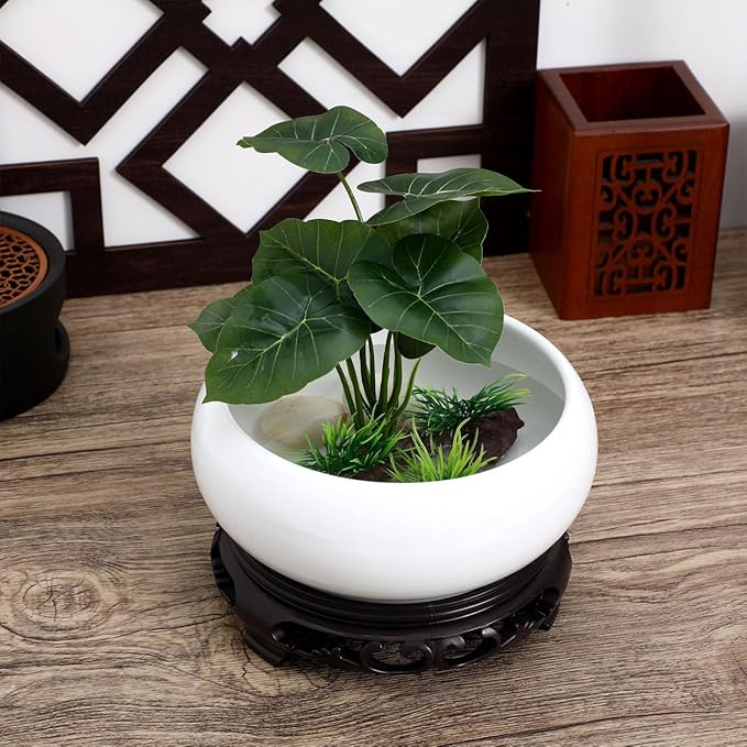 Ceramic Chinese Pot with Base White Water Lily Bowl 6Inch Porcelain Lotus Pot Jardiniere Planter Oriental Fish Bowl Bonsai Vase