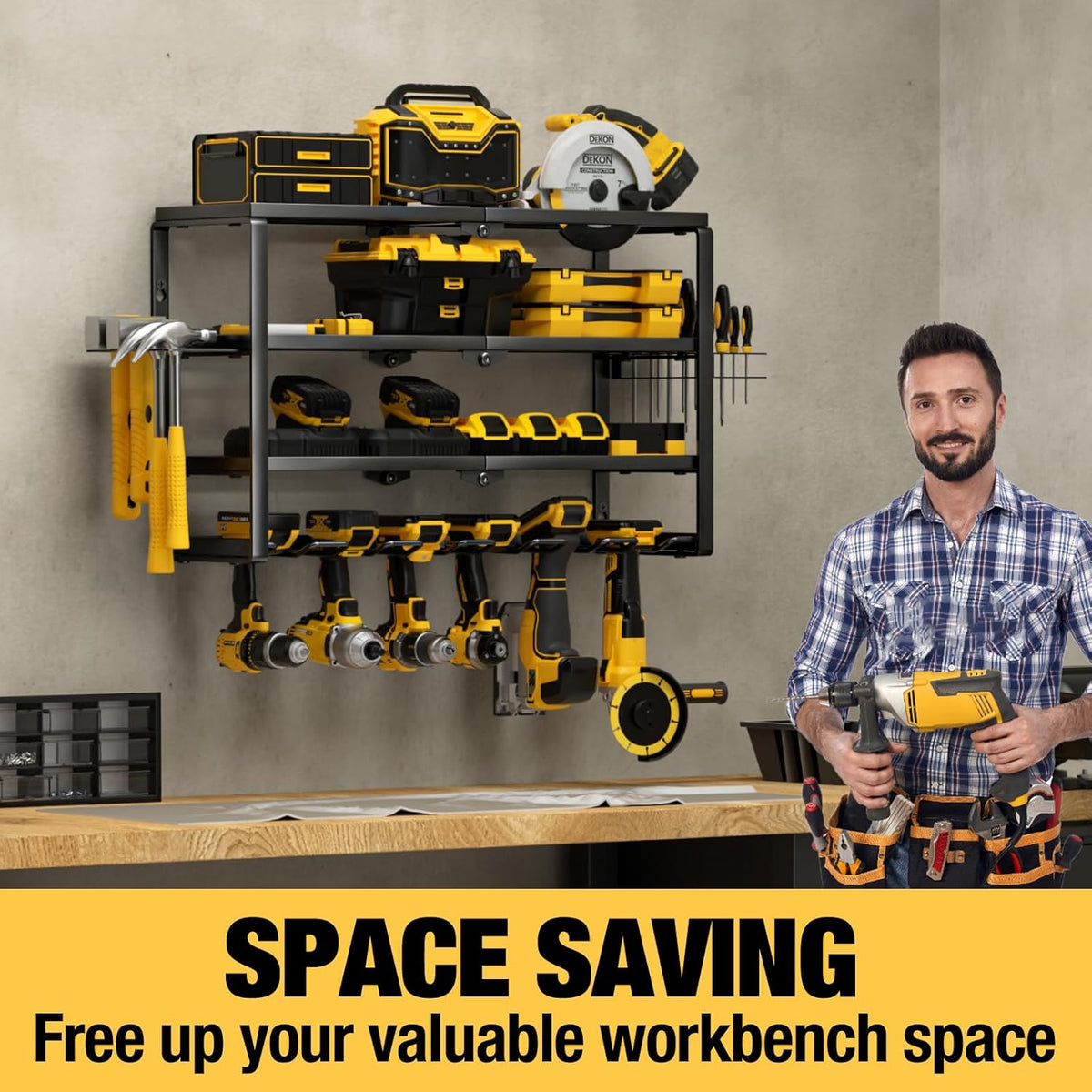 YYR 4 Layer Power Tool Organizer Wall Mount, Cordless Drill Hanger Storage Rack, Battery Tools Holder with Charging Station Shelf for Garage Organization, Workshop, Pegboard, Shed - 24 Inch 6 Slots
