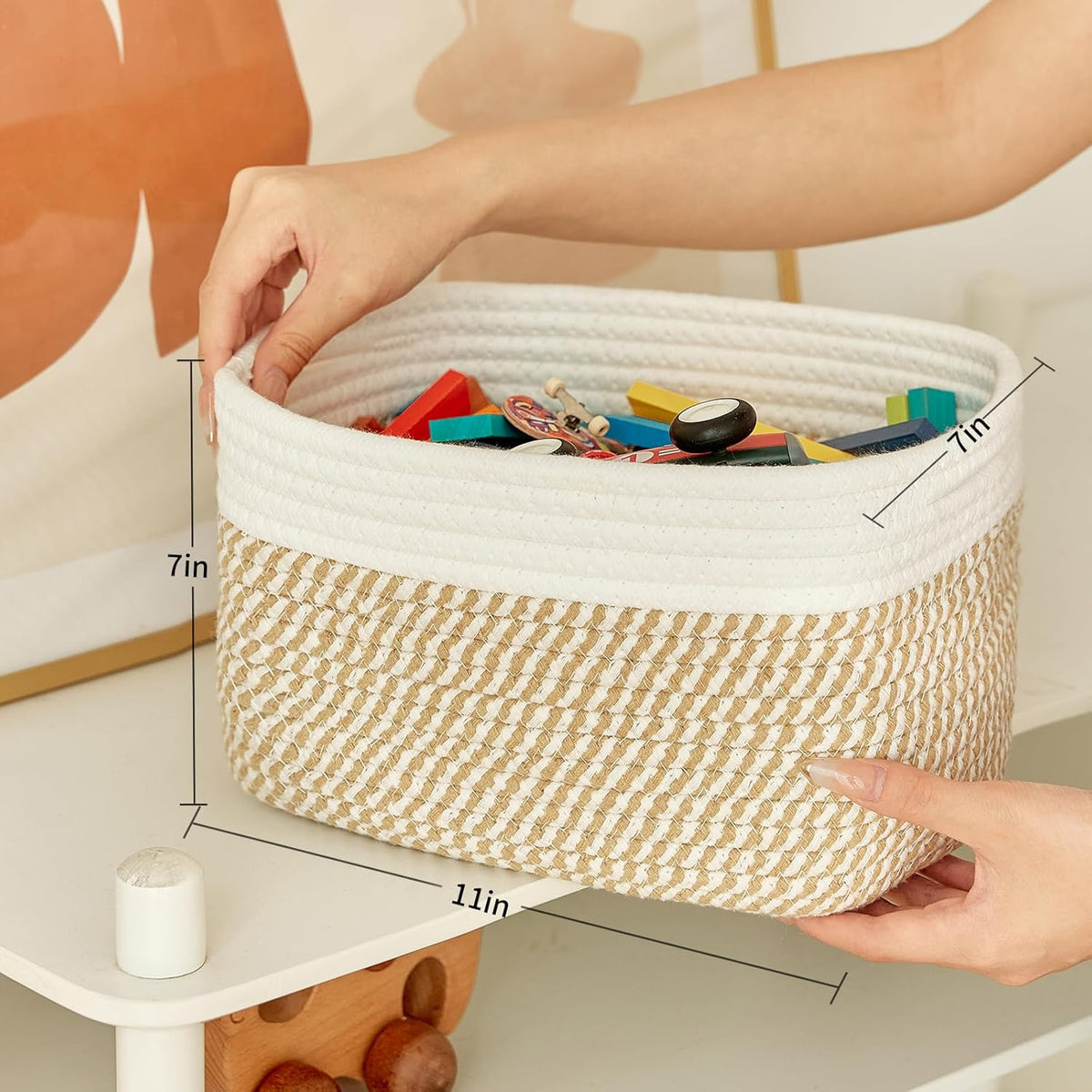 Small Cotton Rope Basket – Storage Bin for Organizing (10.6" x 6.7" x 6.7"), Bathroom Storage Basket for Shelf, Counter & Closet（White & Mixed Camel）