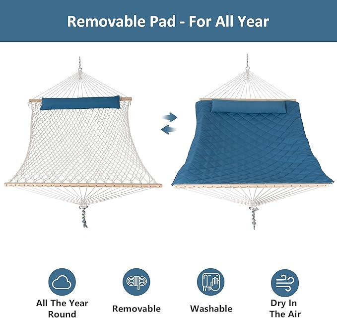 ANOW 2 Person Hammock with Detachable Large Hammock Pad and Pillow, for Garden Yard Outside, 450 LBS Weight Capacity, Blue