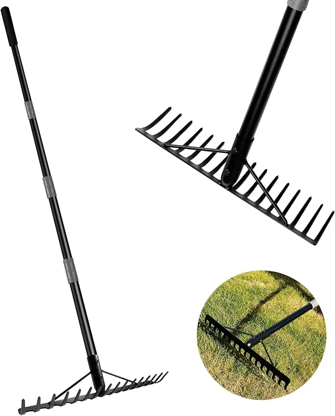 Heavy Duty Bow Rake with Stainless Steel Handle for Farming Land Management Leaf Gathering Durable Ergonomic Garden Tool with 16 Tine Head 63 Inch Assemble Long Shaft Suitable for Large Areas