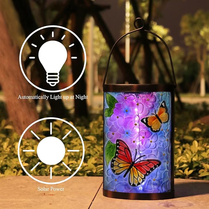 Hanging Solar Lantern Outdoor Waterproof LED Solar Lights Butterfly Decorative Lanterns Tabletop Lamp for Outdoor Patio Garden Yard Decor