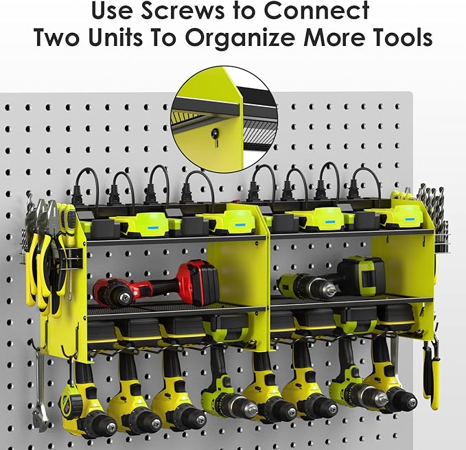 CCCEI Modular Power Tool Organizer Wall Mount with Charging Station. Garage 4 Drill Storage Shelf with Hooks, Screwdriver, Drill Bit Heavy Duty Rack, Tool Battery Holder Built in 8 Outlet Power Strip.