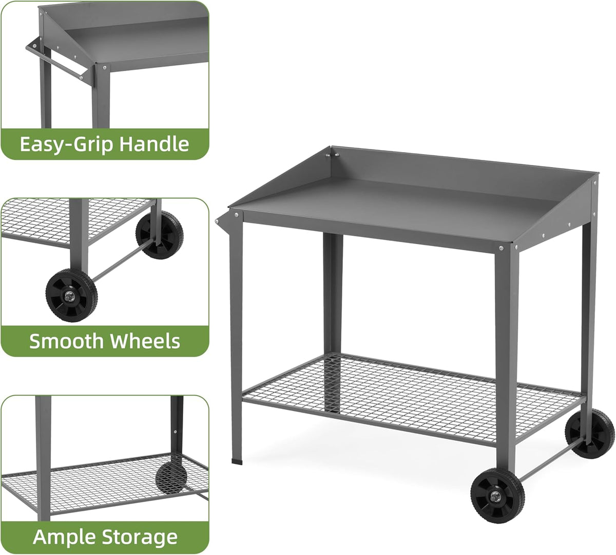 Outdoor Metal Potting Bench with Wheels, Heavy Duty Garden Workbench Table with Storage Shelf (Dark Gray, 36"x38.8")