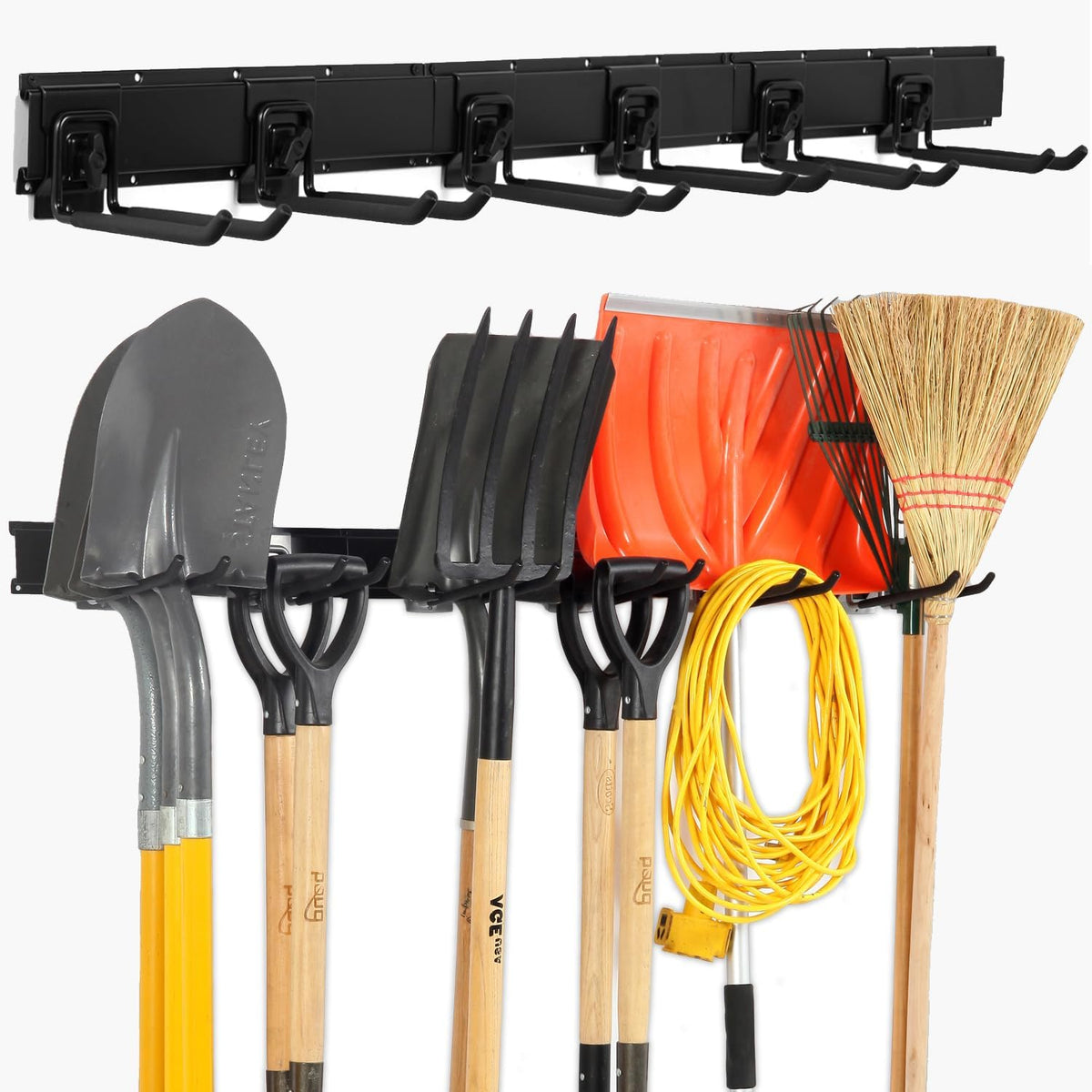 Locking Garden Tool Organizer, Garage Organization Wall Mount Storage Rack, Heavy Duty Metal Yard Tool Organizer, Adjustable Hanging Hooks, Hold Up to 420lbs (48Inch Black)