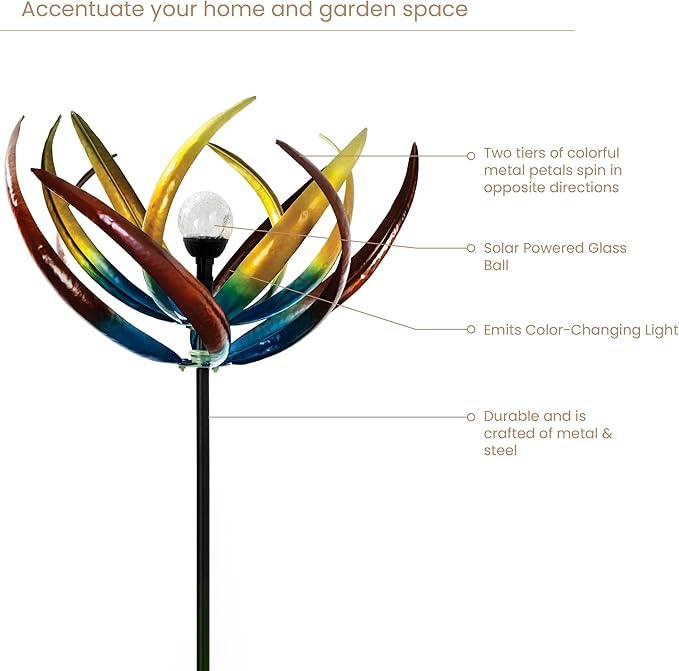 Bits and Pieces - 74" Multi-Color Tulip Wind Spinner - Yard Decorations - Solar Powered Glass Ball - Garden Decoration - Tulip Yard Art