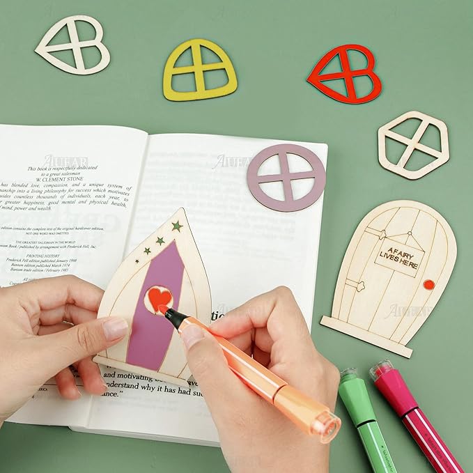 AUEAR, 48 Pack Fairy Door Miniature Wooden Garden Doors Windows Unfinished Window Accessories Unpainted Mini House DIY Craft for Wall Home Party Decoration (Style B)