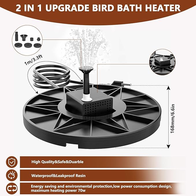 Bird Bath Heater Pond Heater 70W Shallow Water Pond deicer Energy-Saving, thermostatically Controlled Winter Outdoor with a Protective Socket Cover (with Water Pump)