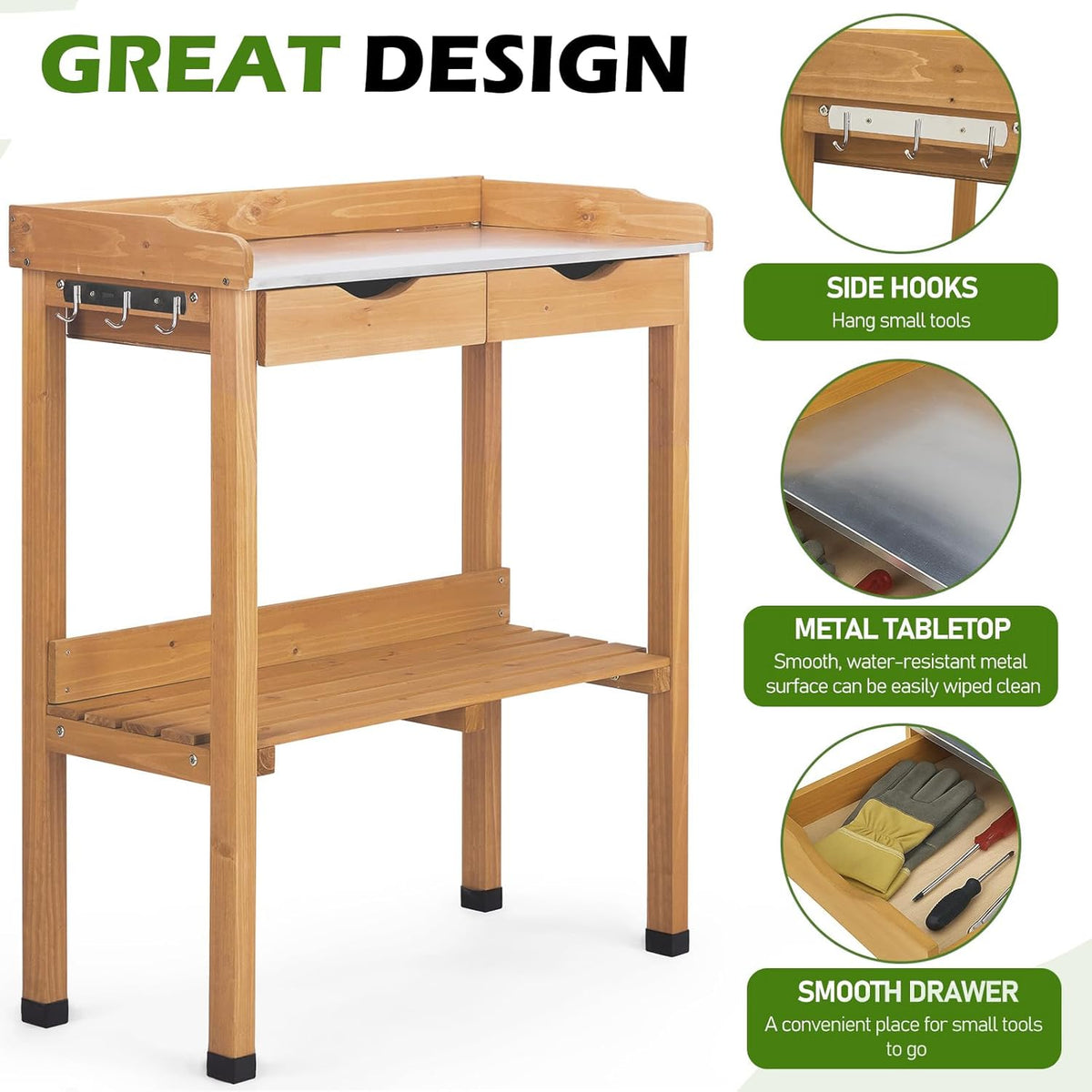 Outdoor Potting Bench Garden Work Station, Solid Wood Planting Table w/Sink Drawer Shelves,Metal Top, Folding Patio Furniture for Porch Balcony (29.8 x 14.6 x 36.4(Fir Wood Color))