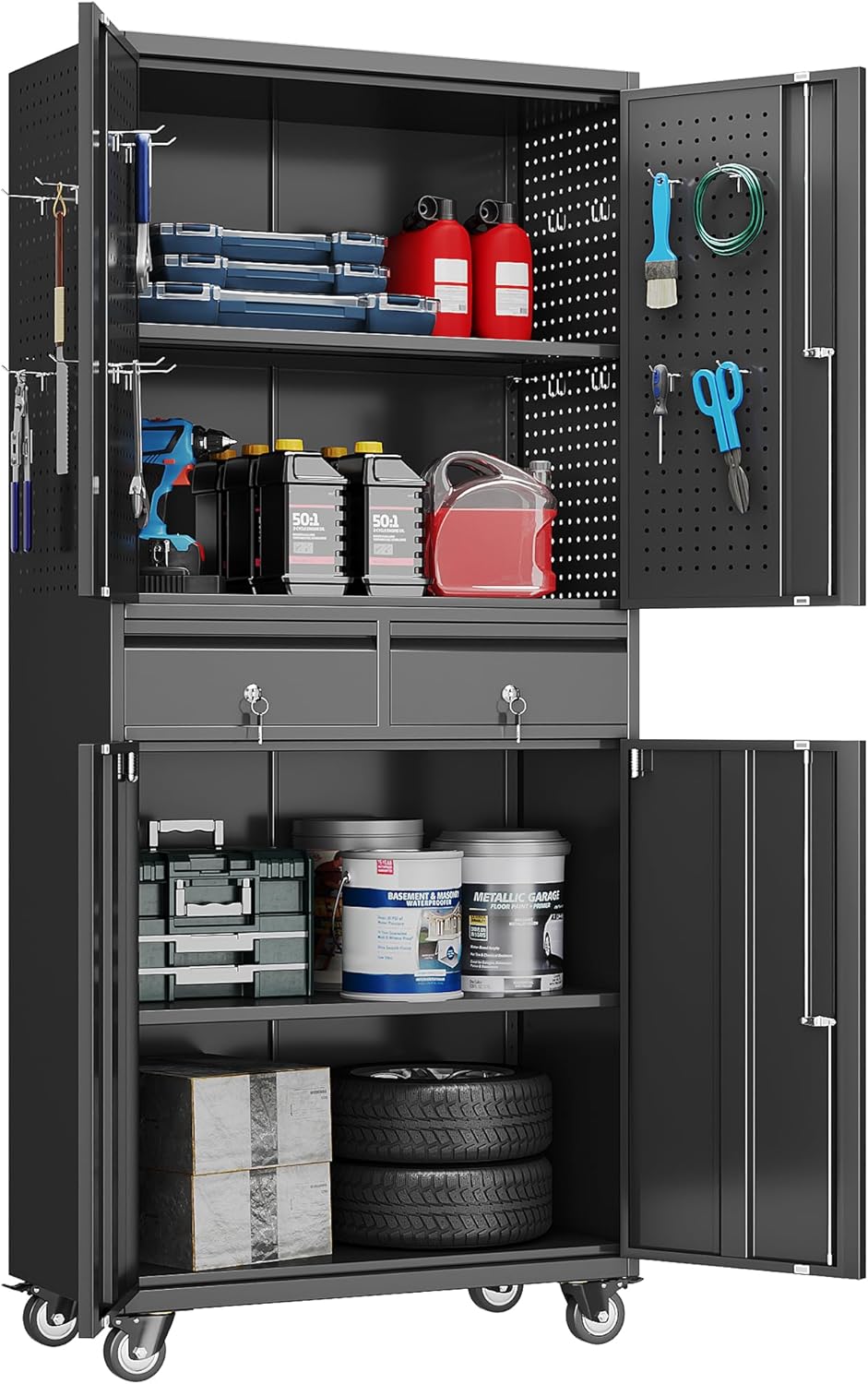 71''H Metal Garage Storage Cabinet with Wheels & 4 Pegboard,Rolling Tool Cabinet with Adjustable Shelves & 2 Lockable Drawer for Garage,Office,Home, Assembly Required,Black