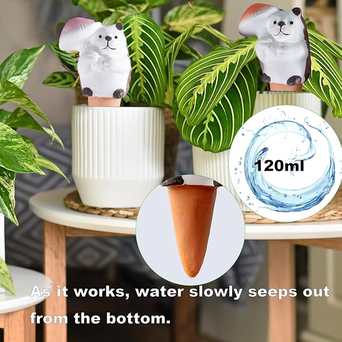4-Pack Self-Watering Terracotta Spikes for Plants, Automatic Plant Watering Stakes, Keeps Plants Hydrated While You're Away, Ideal for Indoor & Outdoor Use (Hedgehog with Umbrella Design)