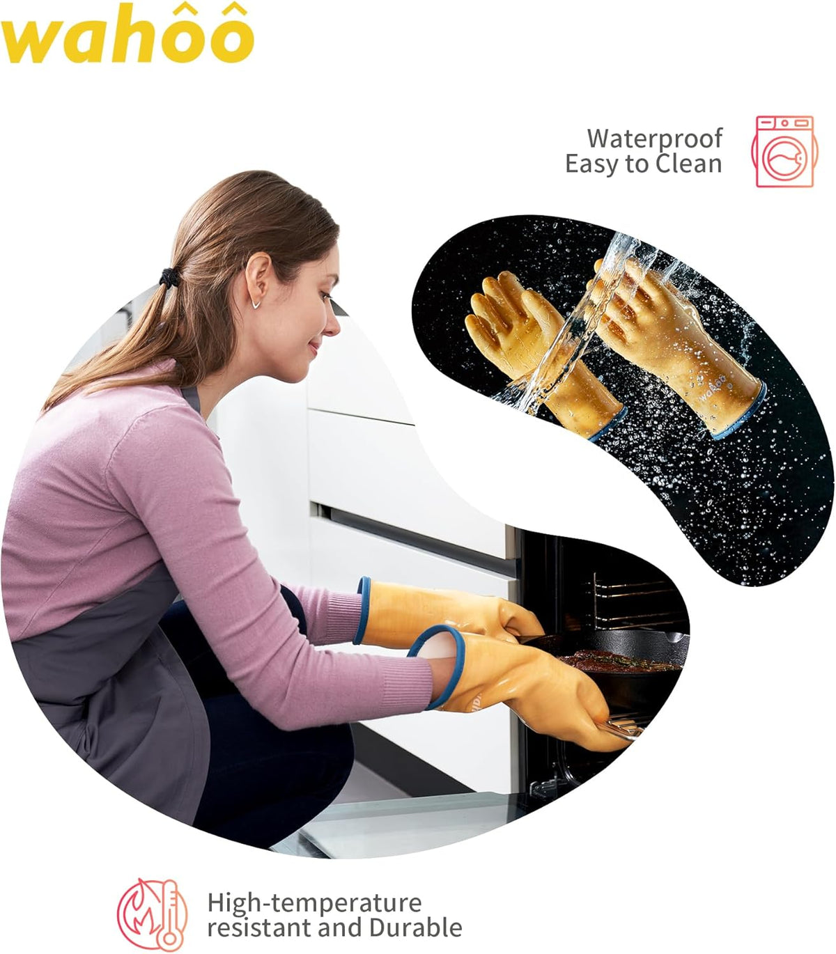 wahoo Professional Liquid Silicone Oven Mitts Gloves, Heat Resistant Gloves for Cooking, Baking, CoralAir Liner, 12 Inch, Yellow, XXL