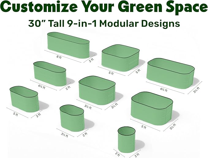9-in-1 Galvanized Raised Garden Beds Outdoor // 8×2×2.5 ft Modular Planter for Gardening, Vegetables, Flowers // 32" Extra Tall Metal Raised Garden Bed (Light Green) // Patented Design Planter Box