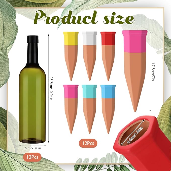 12 Set Plant Watering Devices Include Terracotta Self Watering Spikes and 26 oz Plastic Bottles, Slow Release Vacation Insert Automatic Plant Waterer Device (Green and Mixed Color)
