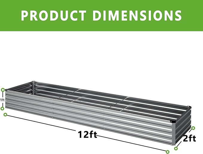 2PCS 12x2x1FT Galvanized Raised Garden Bed Kit,Vegetable Boxes-Rectangle Metal Flower Box,Large Planter Raised Beds Outdoor Garden for Planting,Fruit,Herb-Sliver