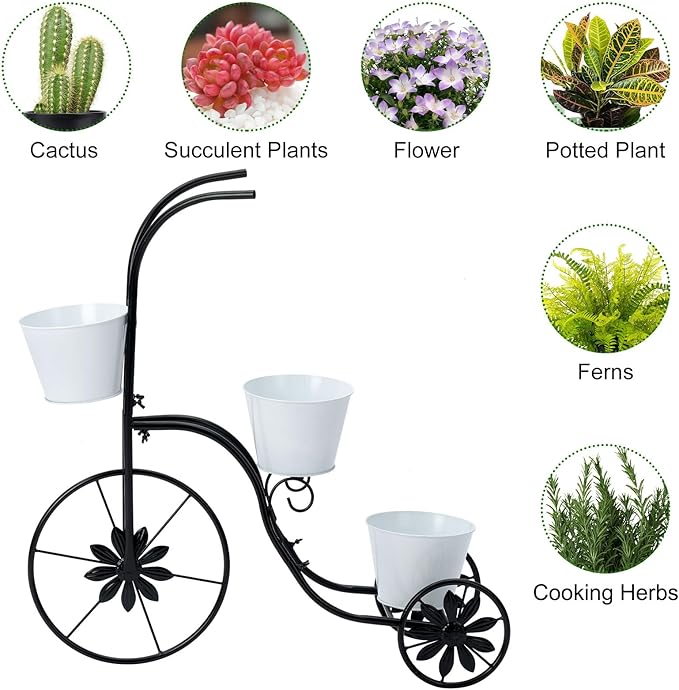 BAYN Bicycle Planter Stand, Metal Flower Pot Cart Holder Tricycle Planter with 3 Plant Bucket Outdoor Decorative for Patio, Deck, Garden or Lawn