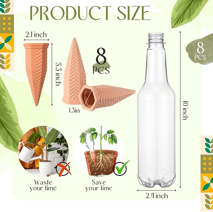 Baderke 8 Pack Plant Self Watering Spikes with 8 Pack 500 ml Plastic Wine Bottles, Automatic Terracotta Self Watering Devices for Garden Indoor Outdoor Plant