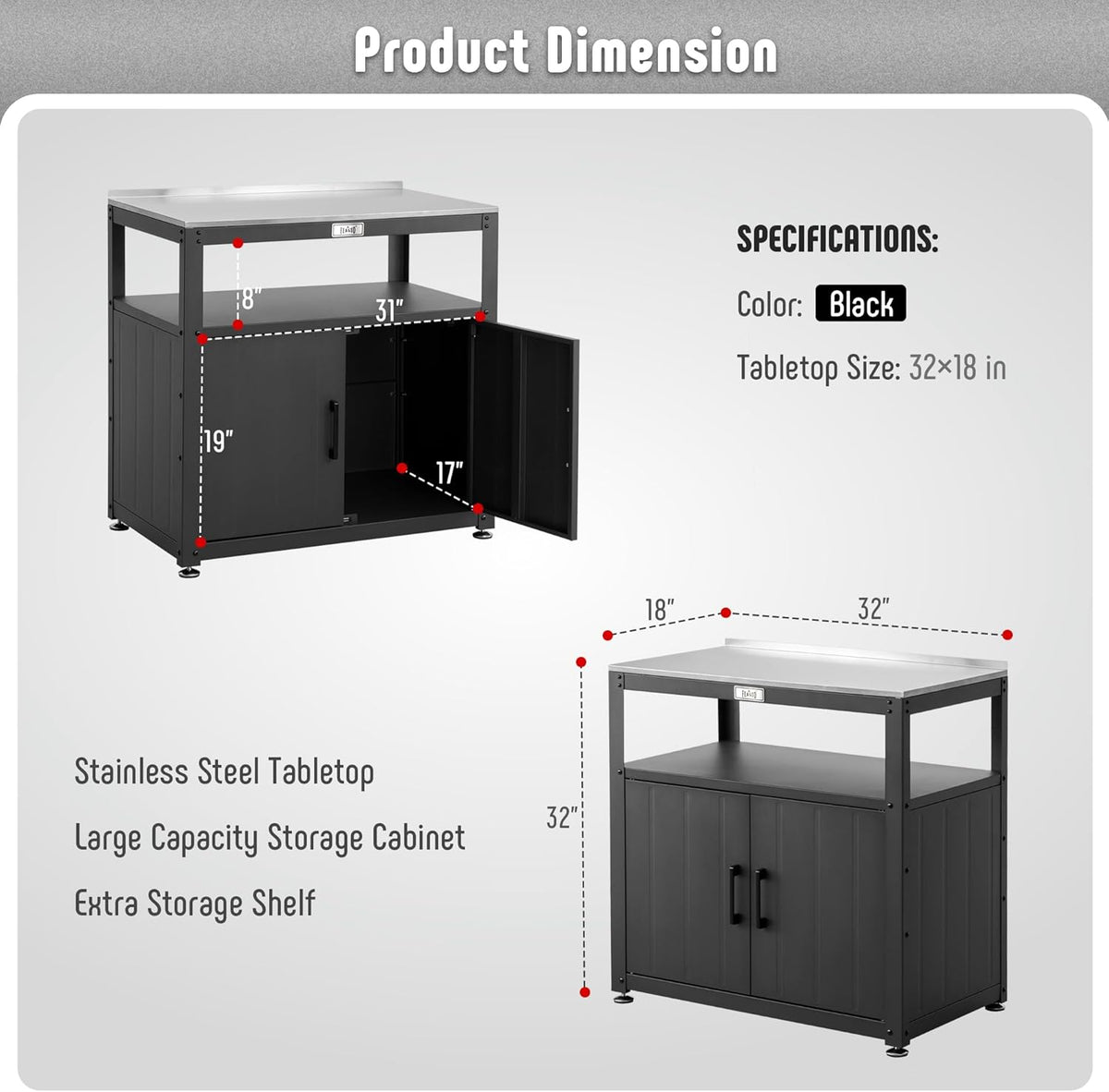 Garden Potting Bench with Storage Cabinet,Outdoor Gardening Table & Work Bench for Plants, Horticulture,Outdoor Workstation with Stainless Steel Tabletop,Outdoor Work Table