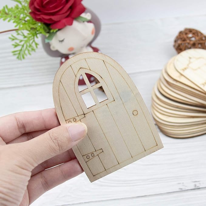 AUEAR, 24 Pack Unpainted Fairy House Doors Mini Wooden Miniature Garden Door for DIY Craft 4 Styles