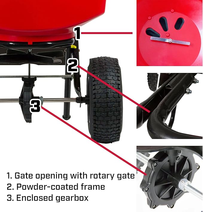 Chapin 8303C Made in the USA 100 lb. Contractor Turf Broadcast Spreader with Enclosed Gears System, Rugged Powder Coated Steel Frame, 12 Inch Tire, Includes Rain Cover and Grate, Red