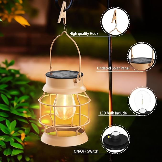 2 Pack Solar Outdoor Lights Metal Hanging Solar for Outside Lights Outdoor Waterproof Retro Design with Edison Bulb Decorative for Patio Porch Fence Garden Lawn