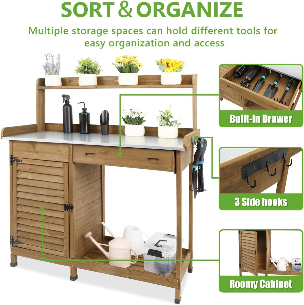 Garden Potting Benche Table Outdoor Wooden Work Station W/Metal Table top,Cabinet,Drawer,Large Bottom Shelf,Open Shelf Natural Wood-Brown-Brown