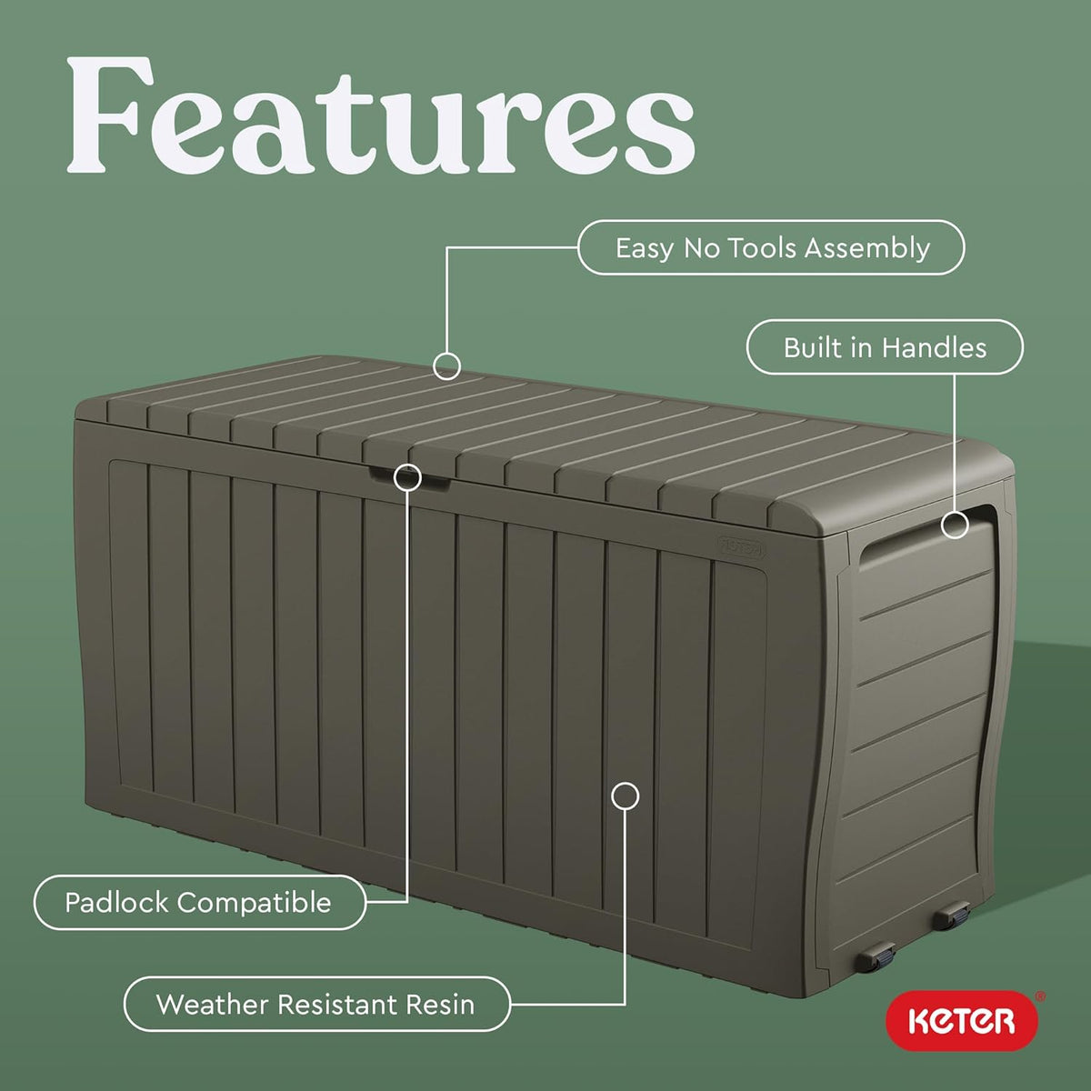 Keter Marvel Plus 71 Gallon Resin Deck Box-Organization and Storage for Patio Furniture Outdoor Cushions, Throw Pillows, Garden Tools and Pool Floats, Mossy Brown