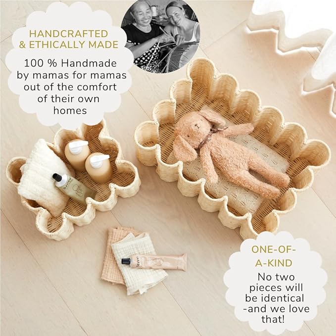 BEBE BASK Unique Wavy Scalloped Basket Set Of 2 - Scallop Basket - 16 x 10 x 7 In - Hand-Woven Elegant Wicker With Scalloped Edge Lid - Nursery Storage - (Earthy)