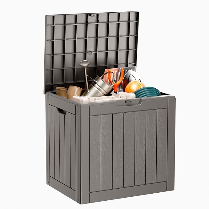31 Gallon Resin Deck Box, Lockable Patio Outdoor Storage Box for Furniture, Garden Tools and Tools Storage, Waterproof Outside Storage Boxes - Grey