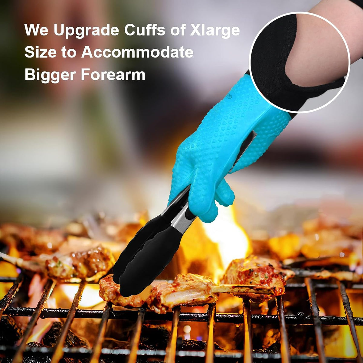 GEEKHOM BBQ Gloves Heat Resistant Oven Mitts - Silicone Grilling Gloves with 14" Long Arm Protection - Waterproof Pot Holder Non-Slip for Men & Women, Kitchen Cooking, Baking, Camping, Blue