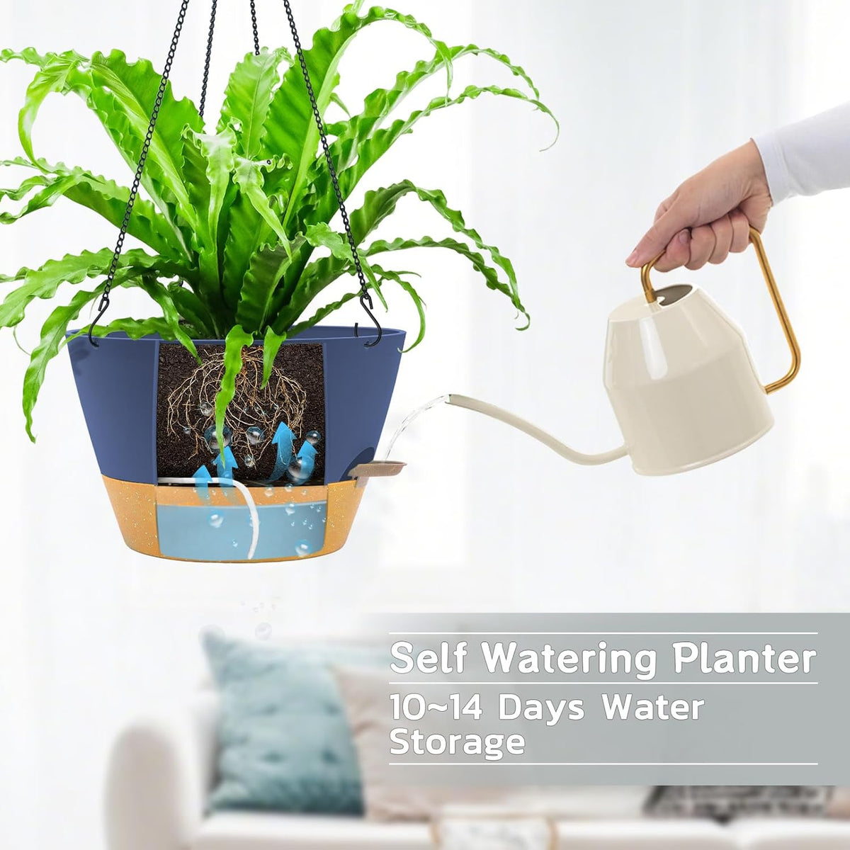 ZMTECH 12 Inch Large Hanging planters for Indoor, 2 Pack Self Watering Plant Pot for Outdoor Garden Porch, Hanging Flower Pot with Visible Water Level & Removable Tray(12Inch, Blue)