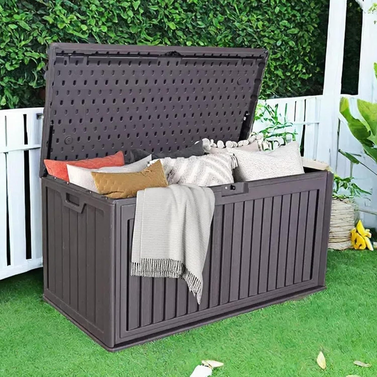 KUIKUI 130 Gallon Deck Box Waterproof, Pool Storage Box, Outside Resin Deck Box for Patio Cushions, Garden Tools and Sports Pools Equipment