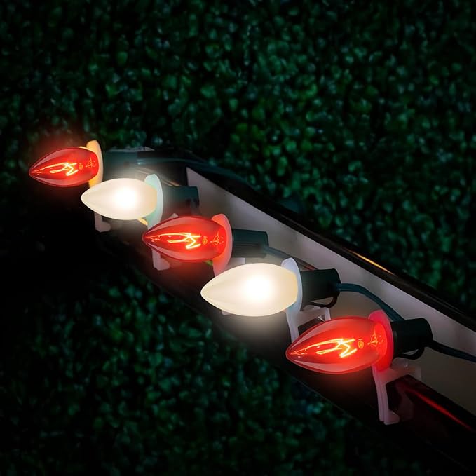 25ft C9 Red and White Christmas Lights,Waterproof C9 Christmas String Lights With 26 Red White bulbs,Commercial Christmas Lights Outdoor for Garden House Xmas Garland Christmas Tree Decorations