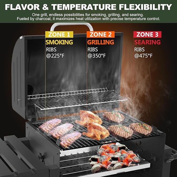 Charcoal Grills, Large Outdoor BBQ Grill Offset Smoker with Side Table Heavy Duty Outside Barbecue Grills Cooking Backyard Patio (Enamel Grill Grate)