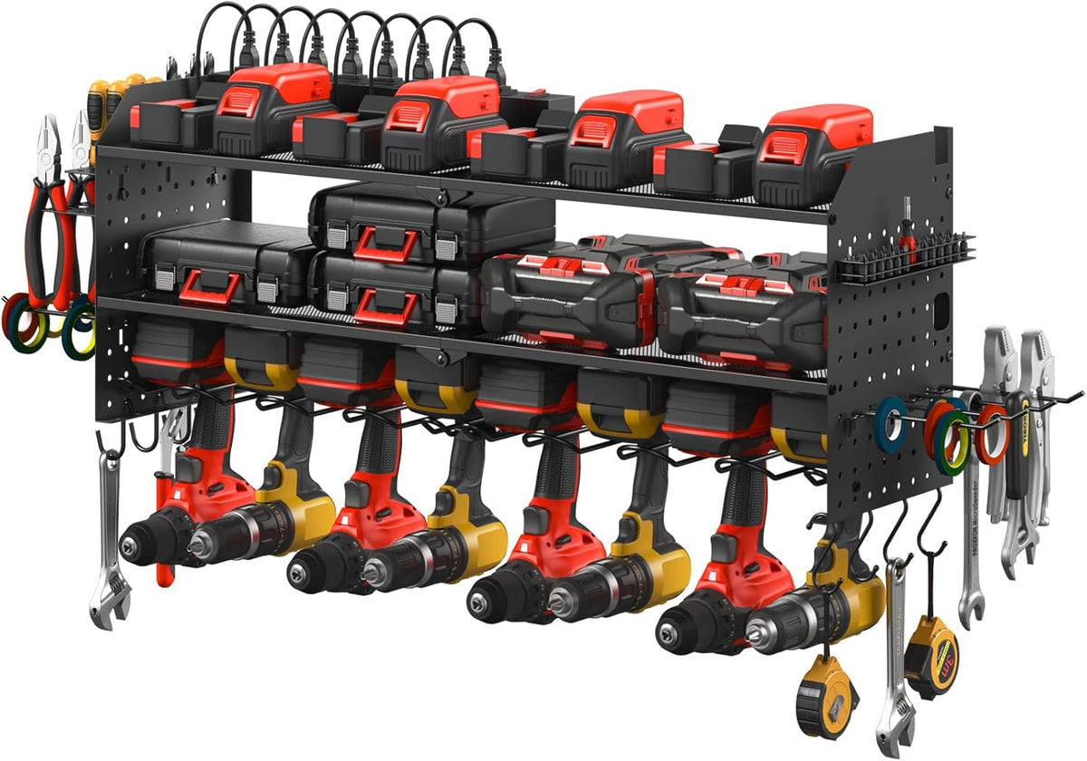 JUNNUJ Large Pegboard Power Tool Organizer with Charging Station, 8 Drills Driver and Tools Battery Holder Wall Mount with 8 Outlet 10 FT Power Strip, Black 3-Layer Shop Garage Storage Utility Rack