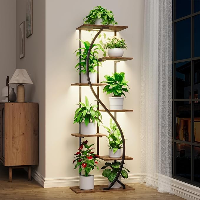 59" Tall Plant Stand with Grow Light Indoor, 7 Tiered Metal Plant Shelf, S-Shaped Flower Display Stand, Corner Storage Shelf for Living Room, Patio, Balcony Decor