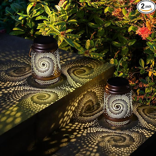 2 Pack Outdoor Hanging Solar Lanterns, LED Waterproof Lights Metal Decoration, Portable Lanterns for Garden Patio Yard Courtyard Backyard, Spiral Birthday Gifts for Women Men Halloween Christmas