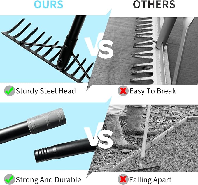 Heavy Duty Bow Rake with Stainless Steel Handle for Farming Land Management Leaf Gathering Durable Ergonomic Garden Tool with 16 Tine Head 63 Inch Assemble Long Shaft Suitable for Large Areas